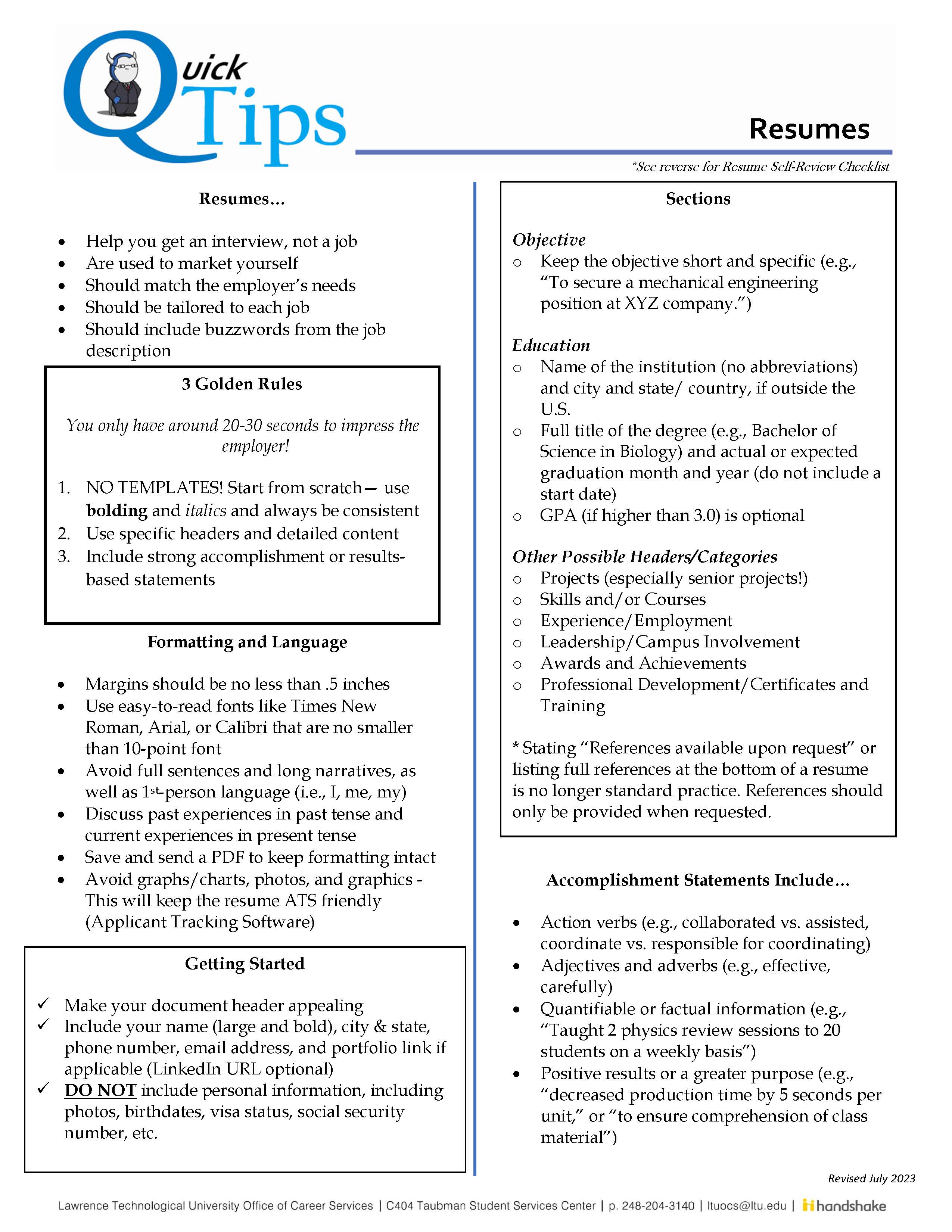 Office of Career Services | Quick-Tips Handouts